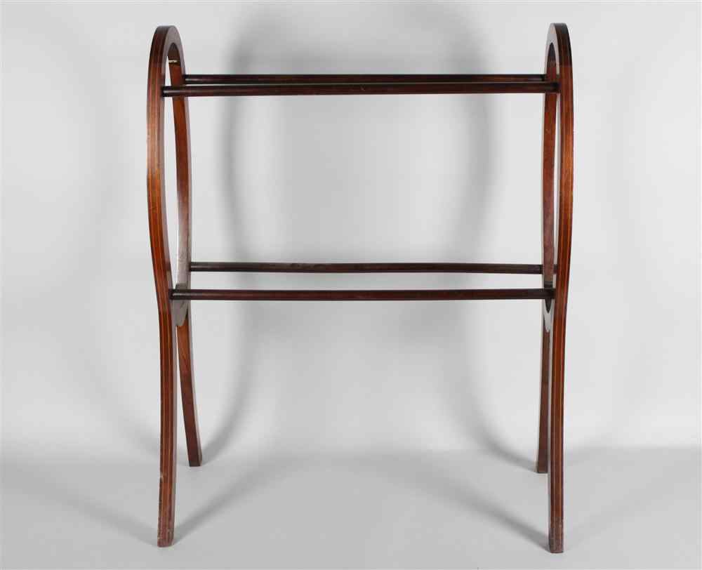 Appraisal: EDWARDIAN STYLE INLAID MAHOGANY QUILT RACK having arched ends with