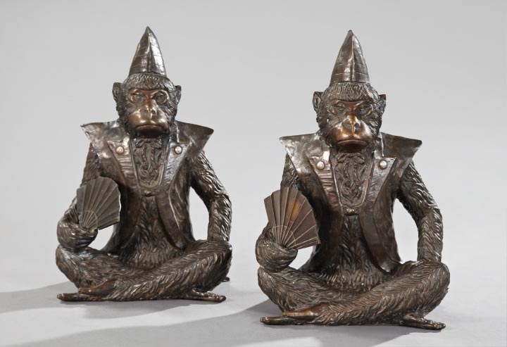 Appraisal: Pair of Italian Patinated Bronze Figures of Monkeys the capped