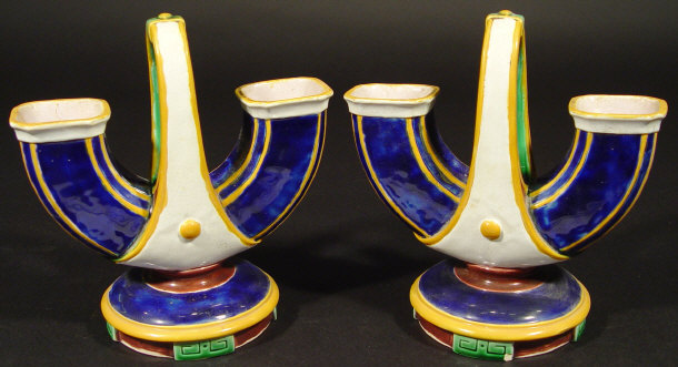 Appraisal: Pair of Minton Majolica double-necked spill vases each decorated in