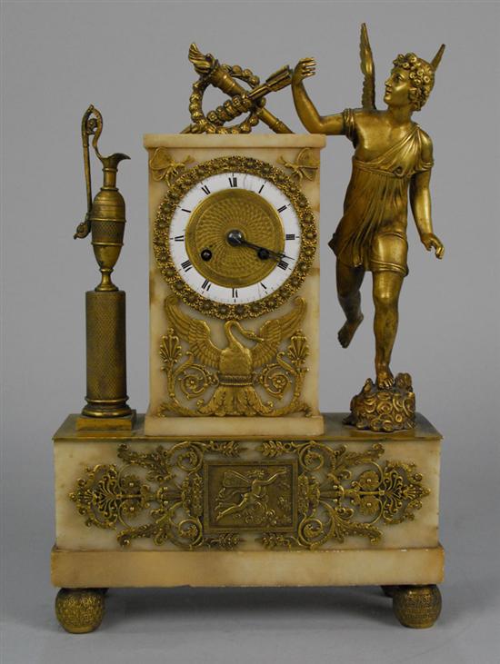 Appraisal: FRENCH EMPIRE ALABASTER AND GILT BRONZE MOUNTED MANTLE CLOCK th