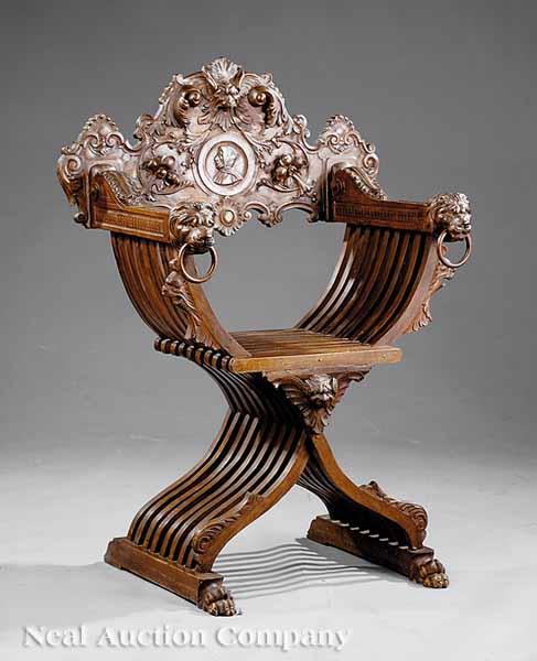 Appraisal: An Italian Renaissance-Style Carved Walnut Savonarola Chair th c scalloped