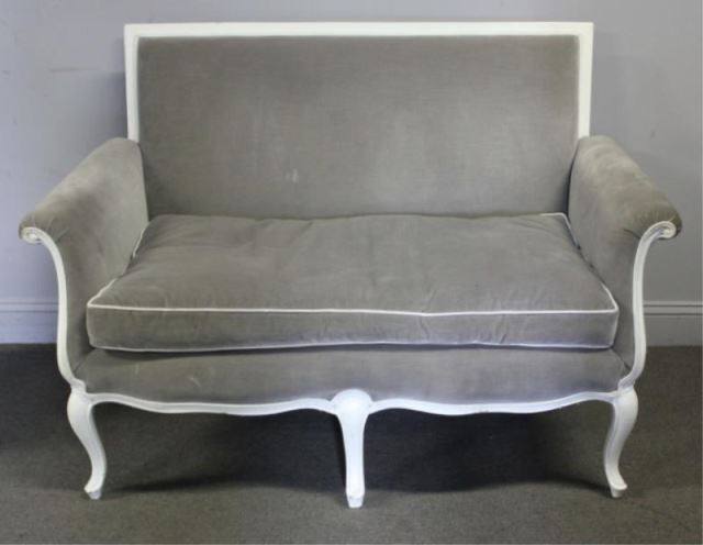 Appraisal: White Lacquered Settee with Gray Upholstery Decorator quality in provincial