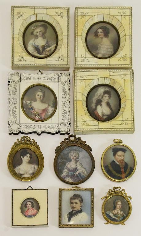 Appraisal: Collection of Ten Miniature Portraits Watercolor on Bone From high