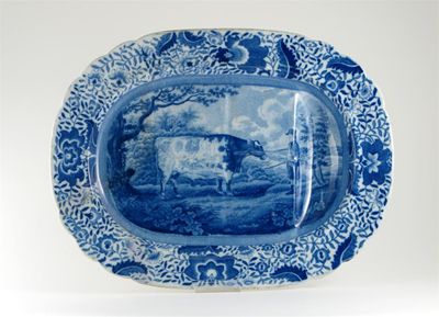 Appraisal: A blue and white Durham Ox meat dish with draining