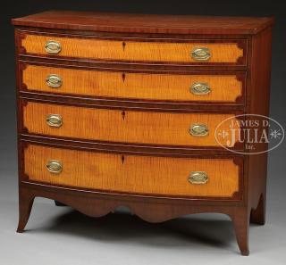 Appraisal: HEPPLEWHITE INLAID MAHOGANY AND TIGER MAPLE BOW FRONT CHEST OF