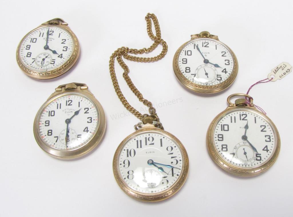 Appraisal: Five Elgin open face pocket watches including BW Raymond grade