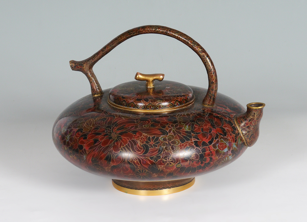 Appraisal: CHINESE CLOISONNE TEA POT Oversized hot water kettle dark toned