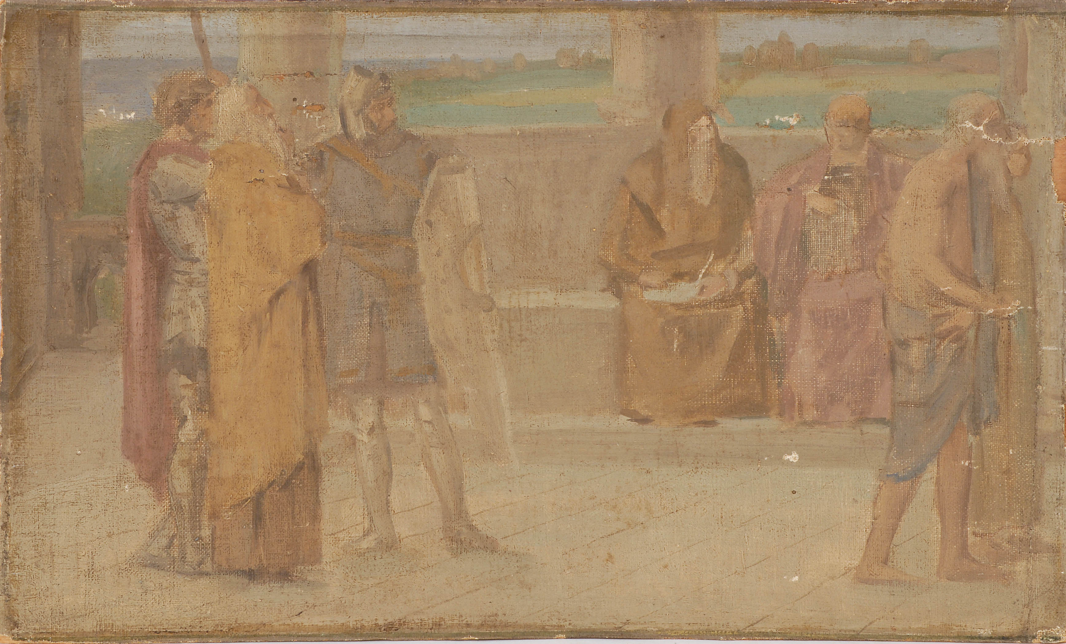 Appraisal: AMERICAN SCHOOLEarly th CenturyAllegorical scene with knights and monks Unsigned