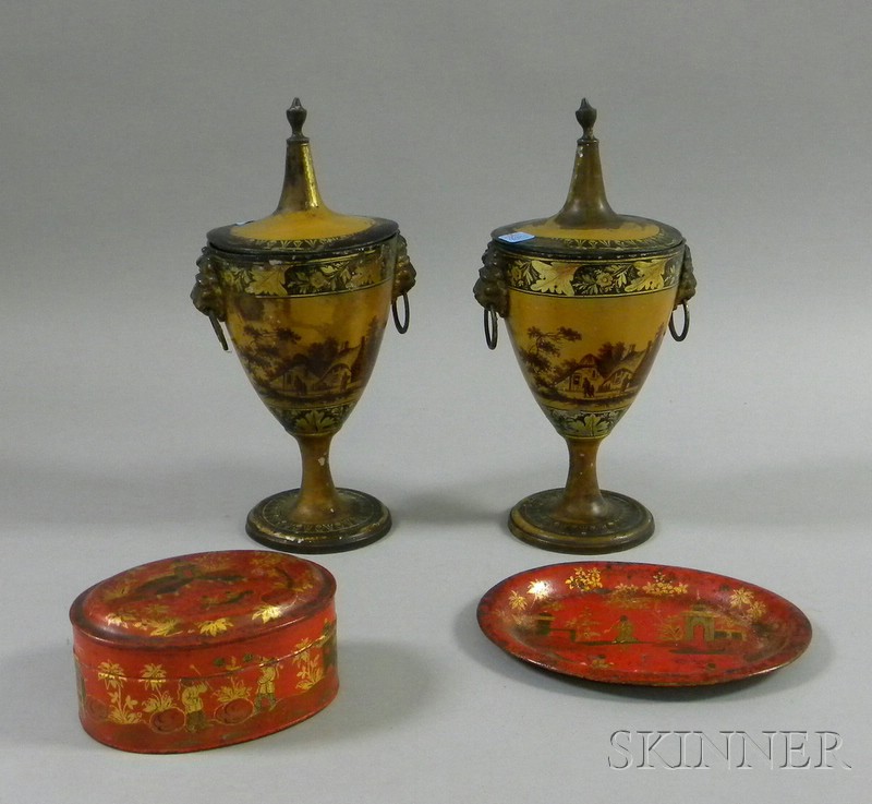 Appraisal: Pair of Gilt and Painted Landscape Decorated Metal Urns with