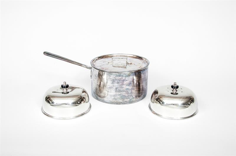 Appraisal: Pair of Silver-Plate Domes and a Sauce Pot with Cover