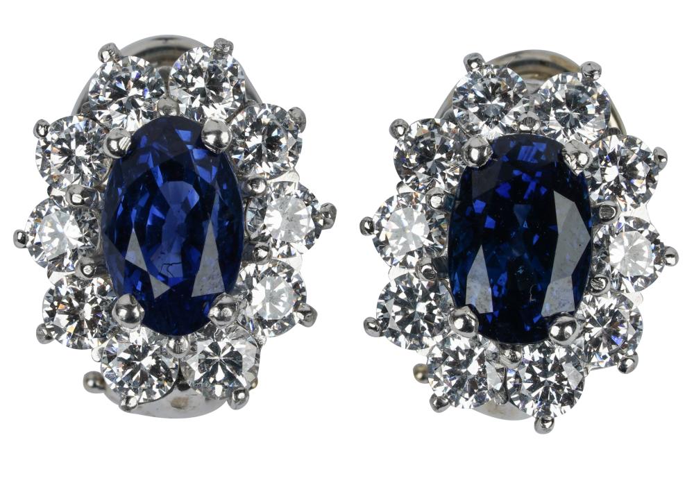 Appraisal: PAIR OF PLATINUM KARAT GOLD DIAMOND SAPPHIRE EARRINGScontaining two oval