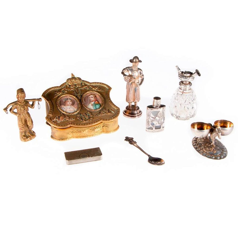 Appraisal: Collection of silver metal objects including an atomizer jewelry box