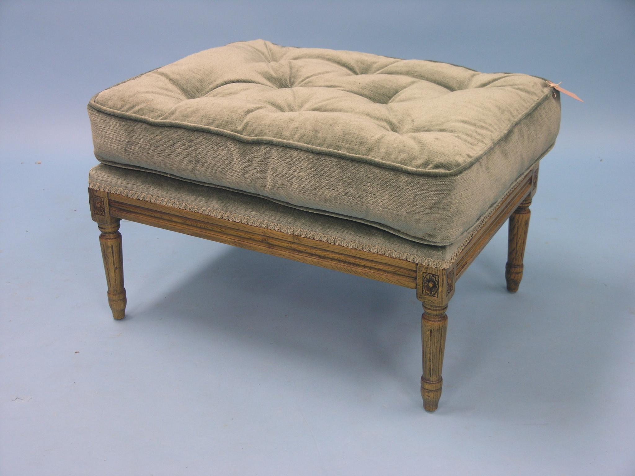 Appraisal: An oak-framed stool rectangular-shape upholstered in a buttoned green dralon