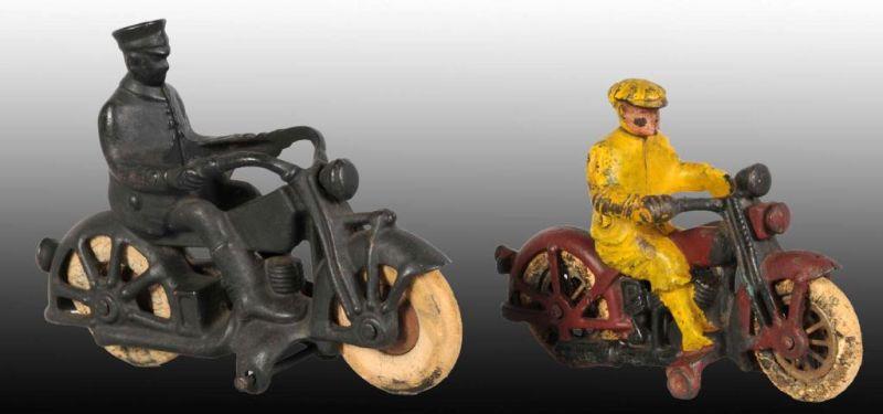 Appraisal: Lot of Cast Iron Motorcycle Toys Description Black Arcade missing