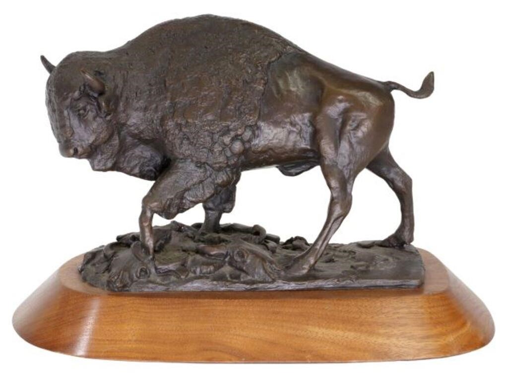 Appraisal: Western patinated bronze sculpture The Last Buffalo signed in cast