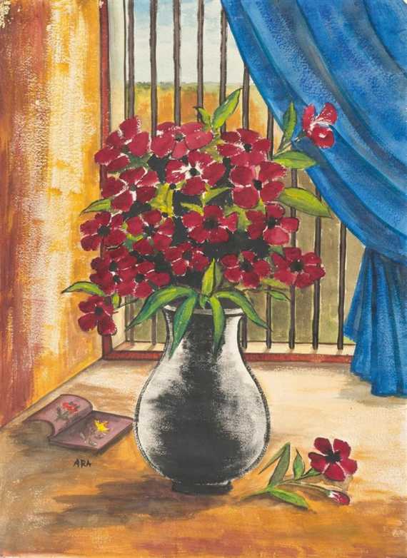 Appraisal: ARA KRISHNAJI HOWLAJI India Flowers before a window Gouache on