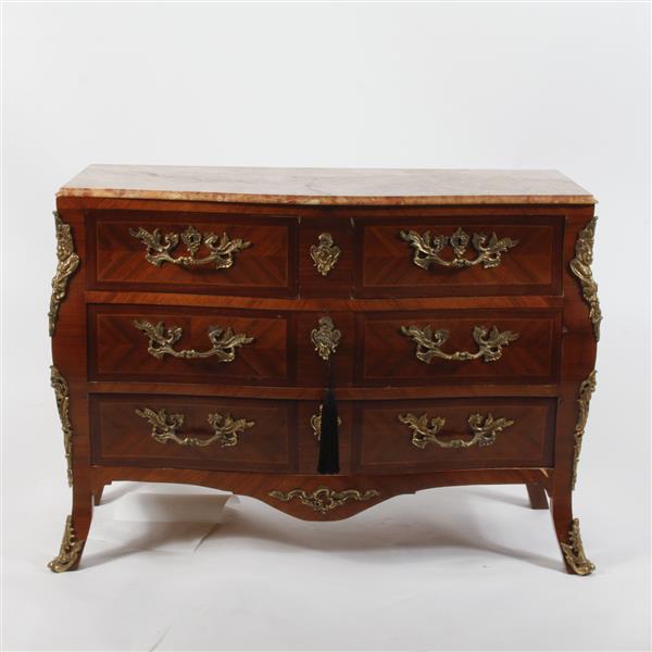 Appraisal: French Bombay ormolu mounted marble top serpentine commode Marble cracked