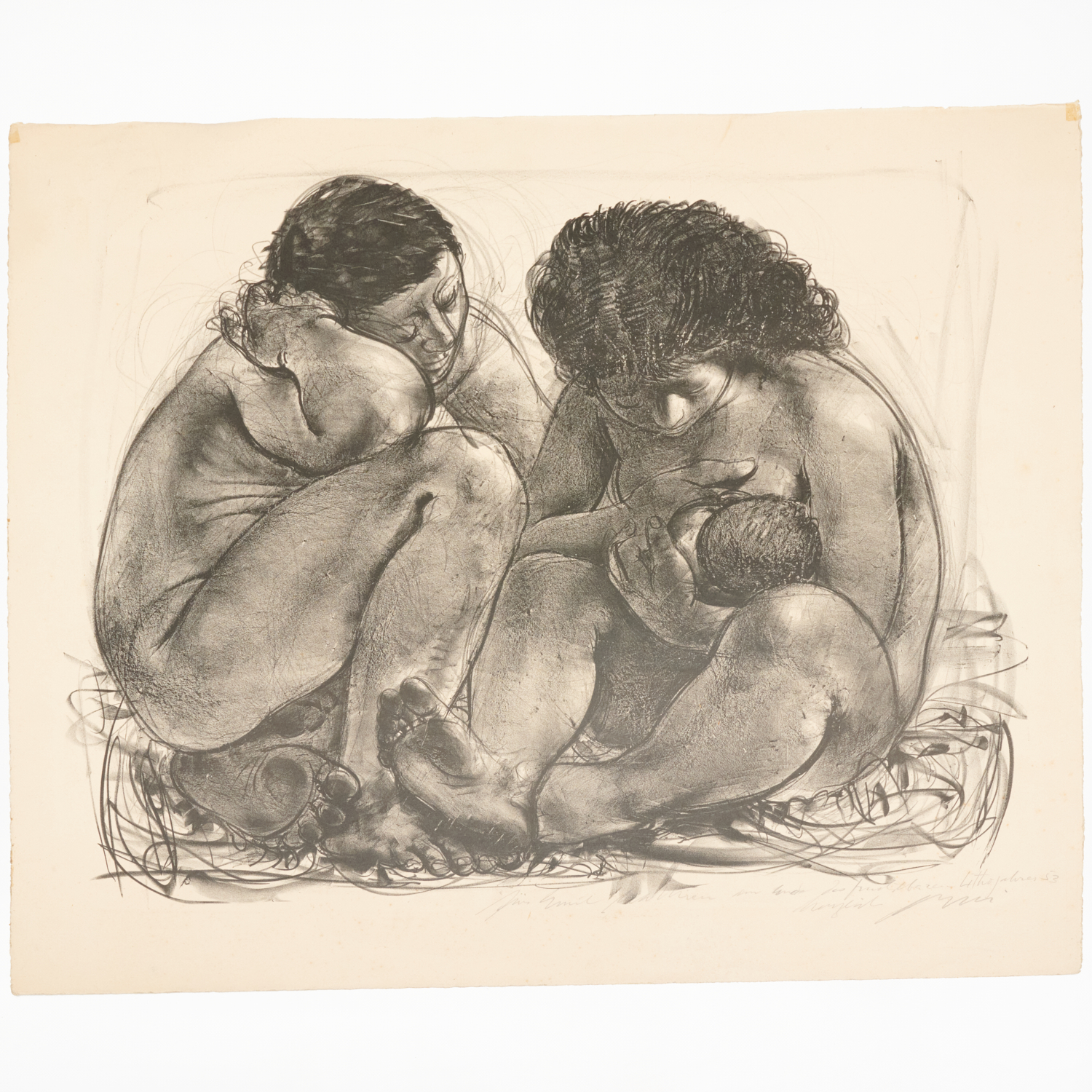 Appraisal: CHARCOAL DRAWING LITHOGRAPH German Family group with infant lithograph on