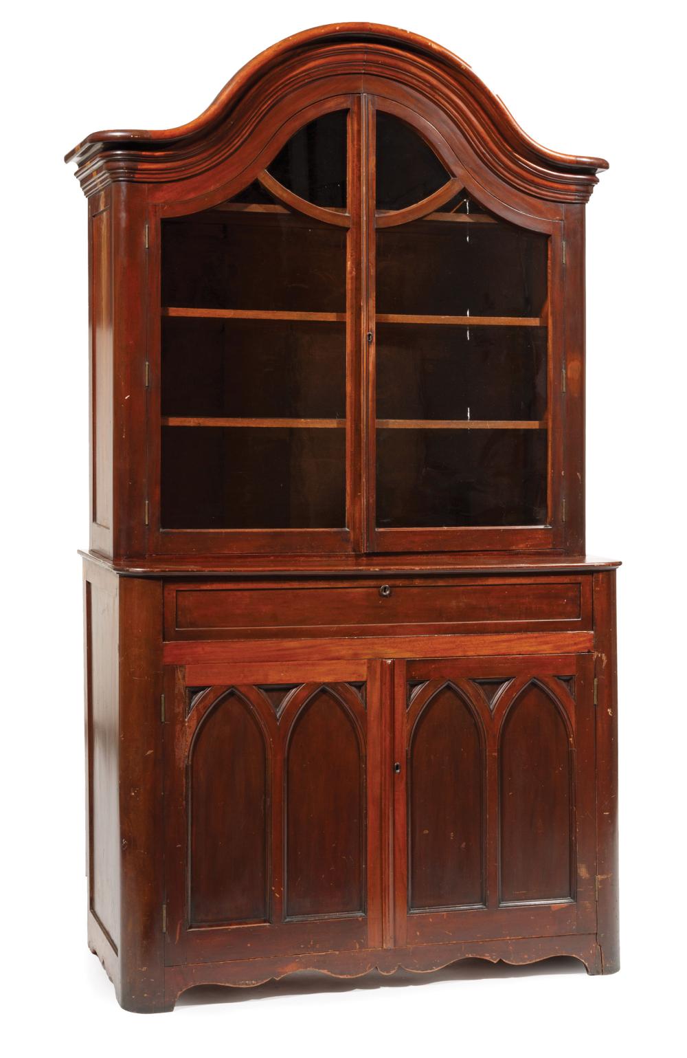 Appraisal: American Gothic Mahogany Secretary Bookcase mid- th c arched molded