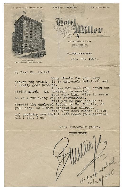 Appraisal: Dunninger Signed Letter RPPC and Program Dunninger Joseph Dunninger Signed