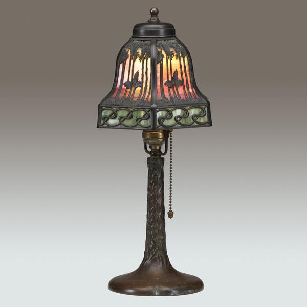 Appraisal: HANDEL Boudoir lamp with faceted bell-shaped shade pierced with palm