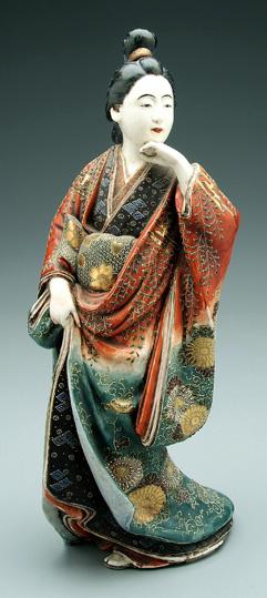 Appraisal: Japanese Satsuma-style figure earthenware woman in layered robes decorated with