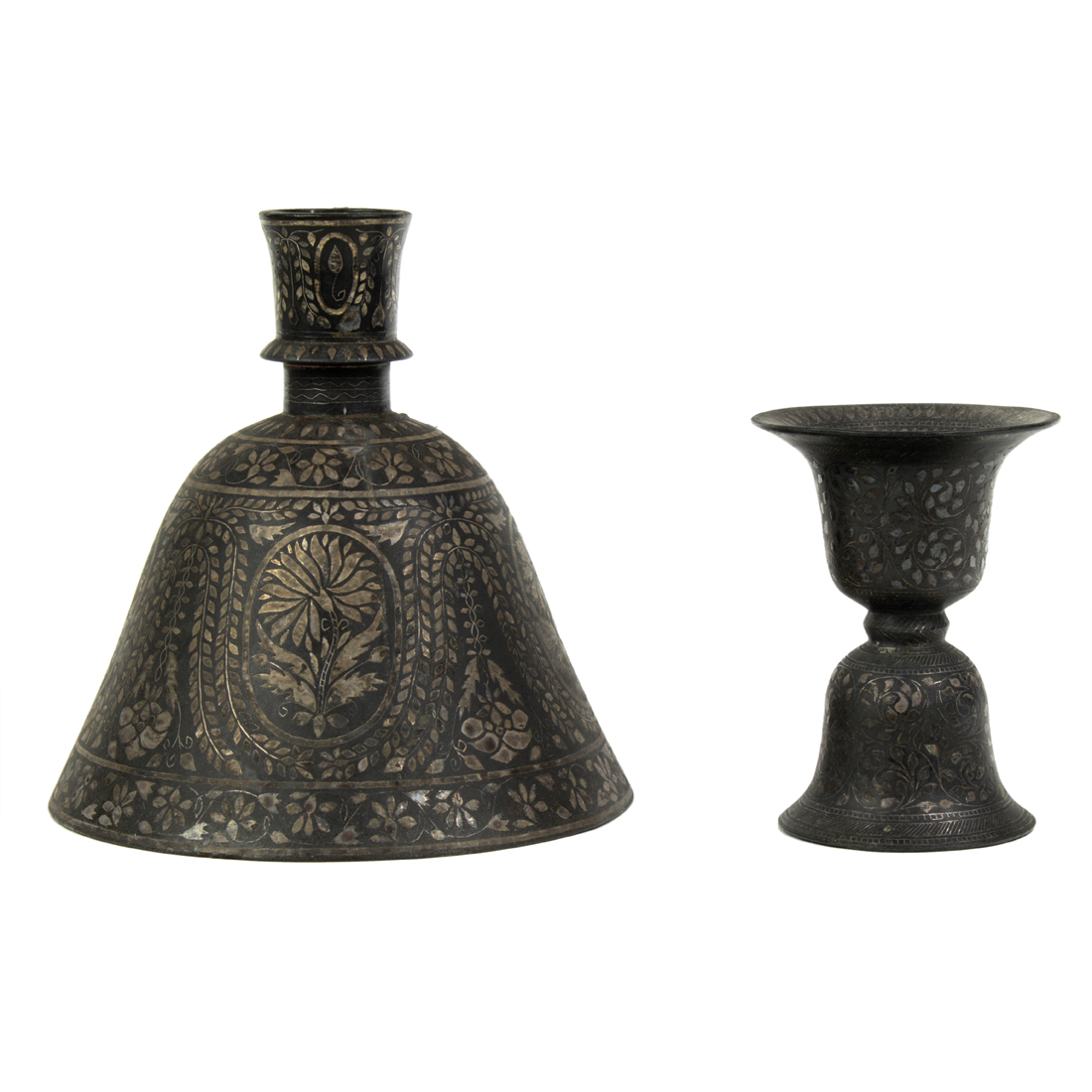 Appraisal: LOT OF INDIAN BIDRI IRON HOOKAH BASES WITH INLAID SILVER