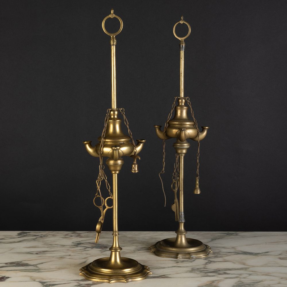 Appraisal: Pair of Continental Brass Oil Lamps After The Antique With