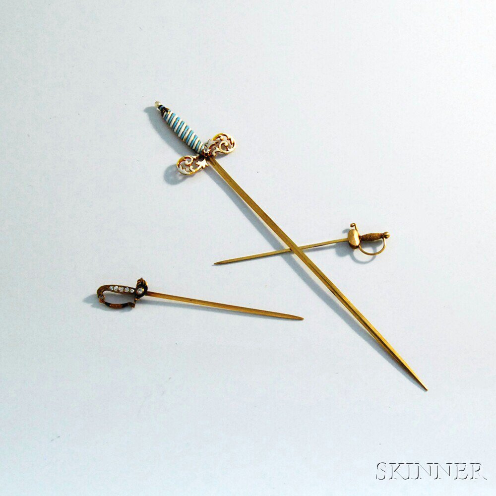 Appraisal: Three kt Gold Miniature Swords two with enameled and diamond