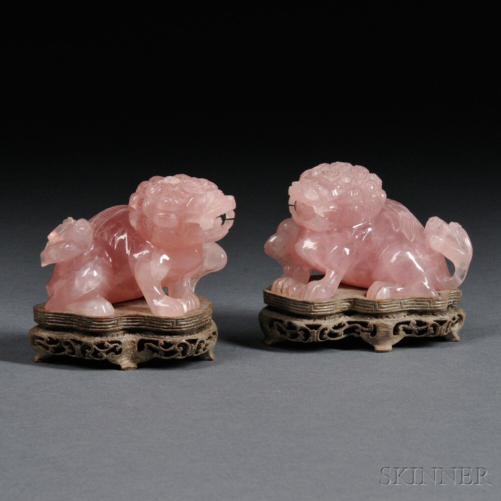 Appraisal: Pair of Rose Quartz Carvings of Foo Dogs China th