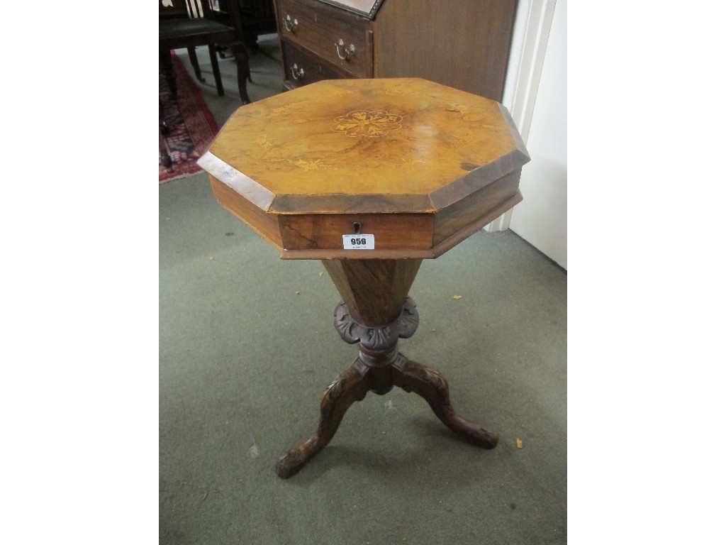 Appraisal: Victorian walnut inlaid octagonal sewing table