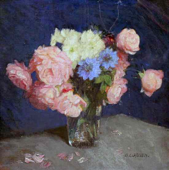 Appraisal: Sir George Clausen - oil on canvasboard Roses and cornflowers