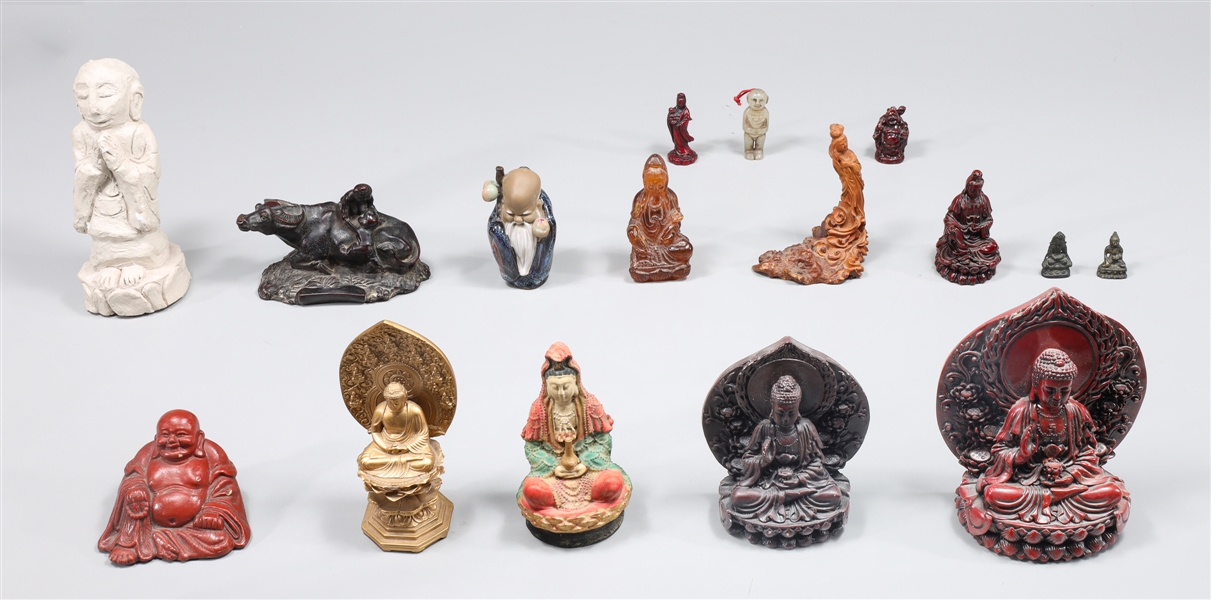 Appraisal: Group of sixteen mix Asian statuary in multiple mediums stone