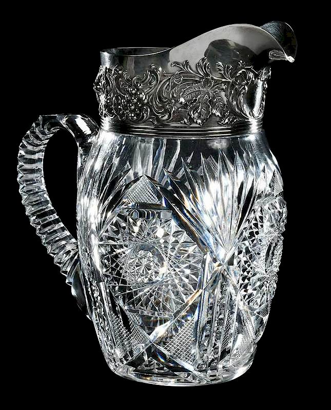 Appraisal: Silver Mounted Cut Glass Pitcher hobnail and fan motif grape