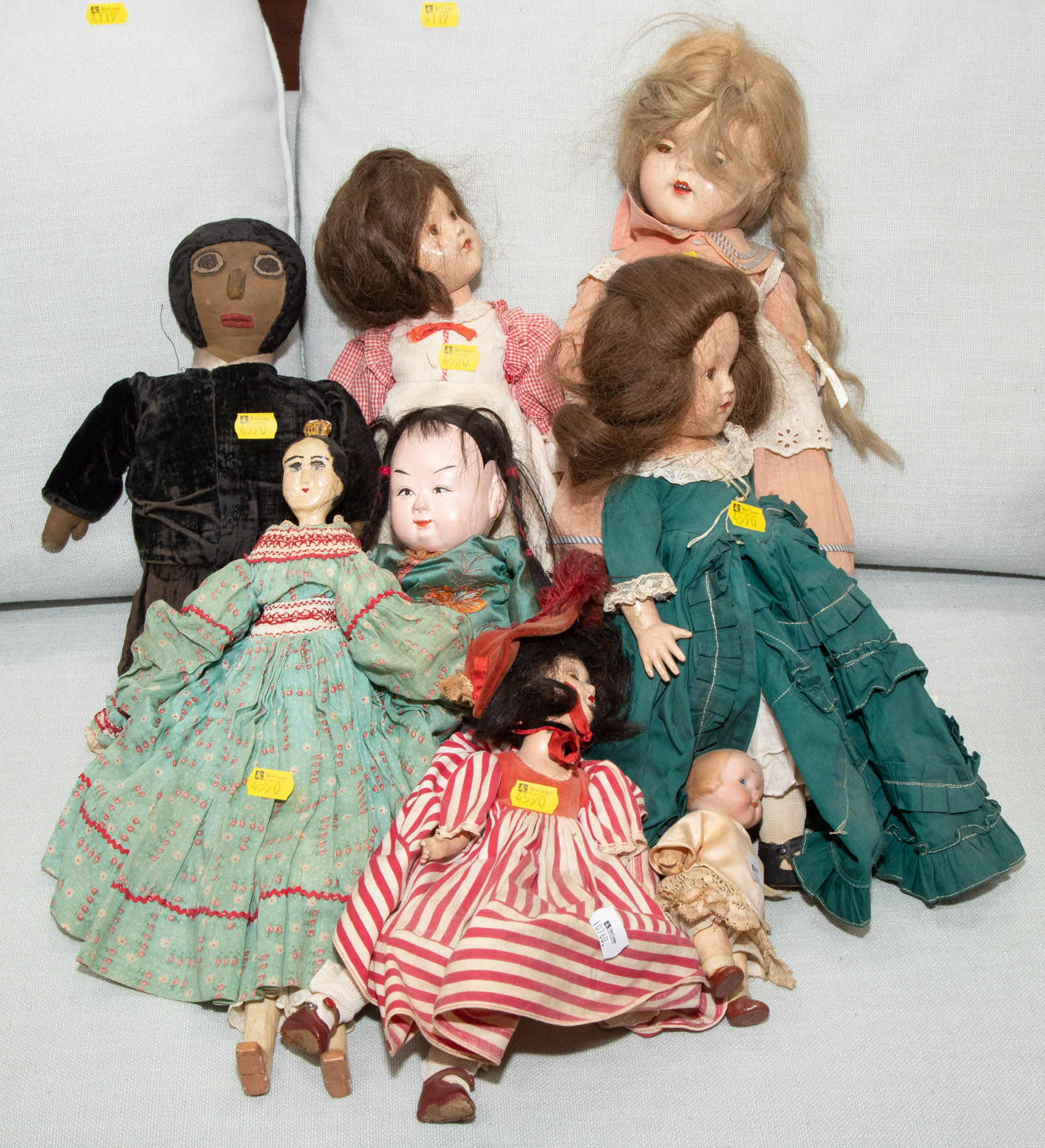 Appraisal: SEVEN ASSORTED VINTAGE DOLLS Notably including a Chinese painted papier