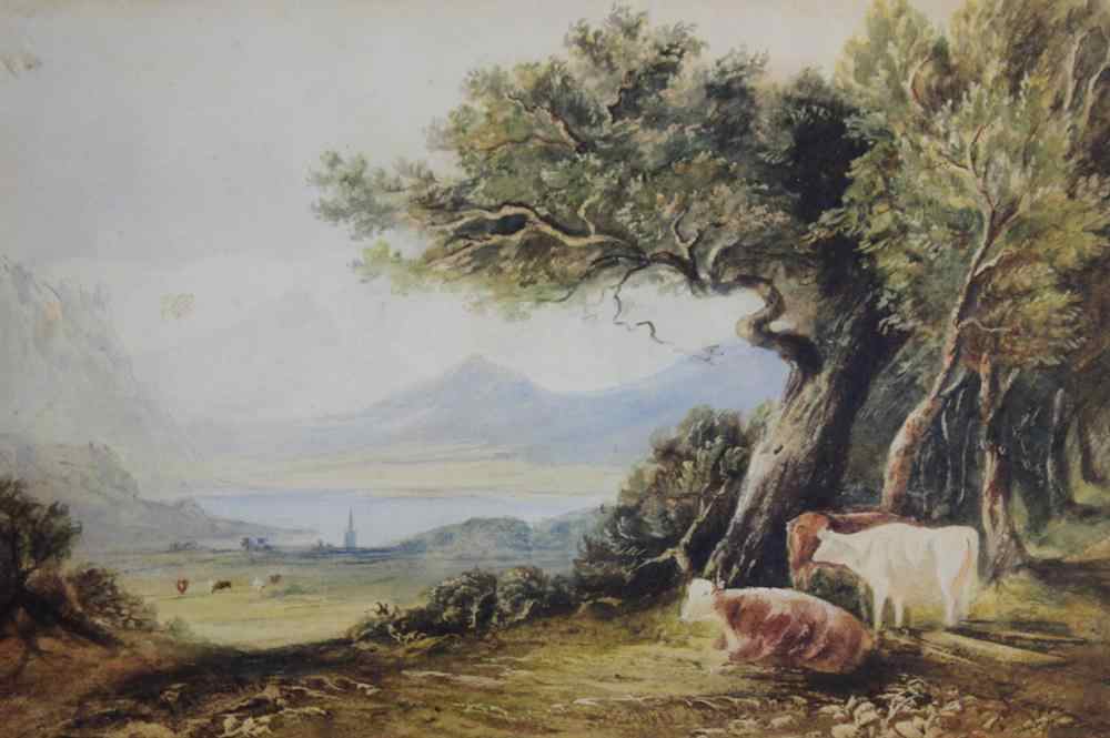 Appraisal: BRITISH SCHOOL TH CENTURY CATTLE IN A LANDSCAPE Watercolor on