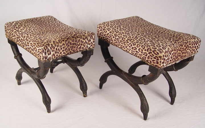 Appraisal: PAIR CARVED BLACK GESSO SWAN LEG BENCHES Curved legs end