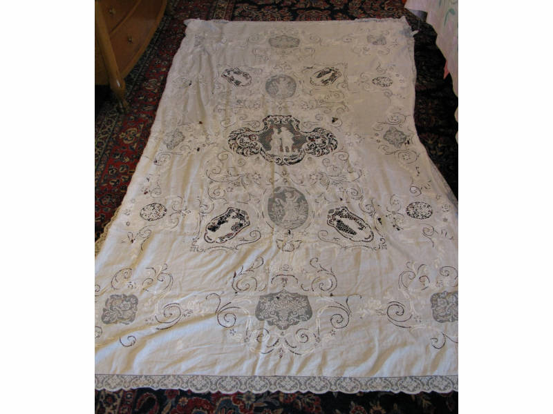 Appraisal: Three Vintage Appenzell Linen Lace Tablecloths the first with figural