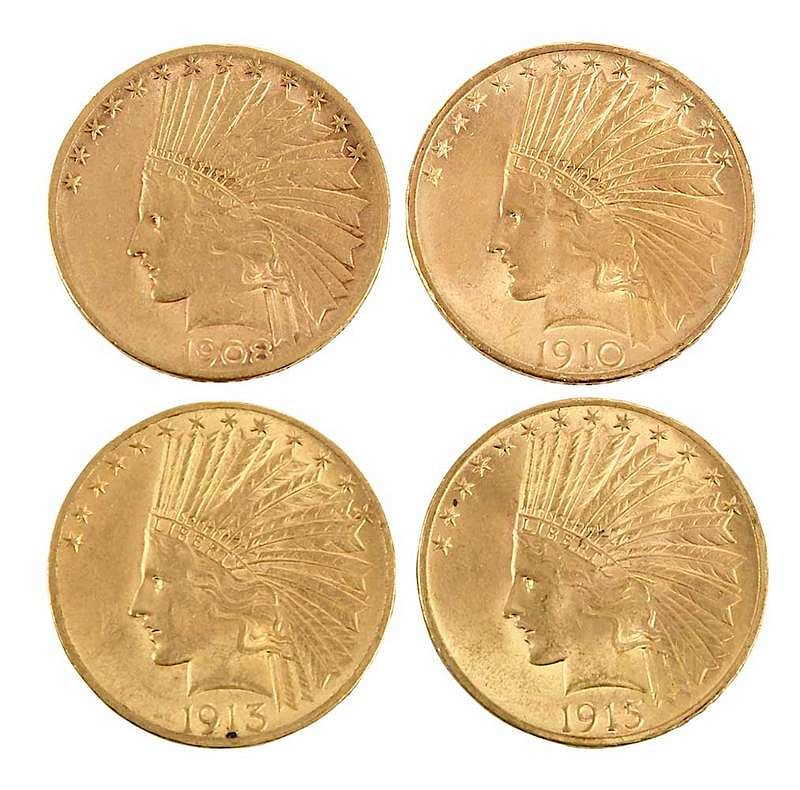 Appraisal: Group of Fifteen Ten Dollar Gold Coins Indian design dates