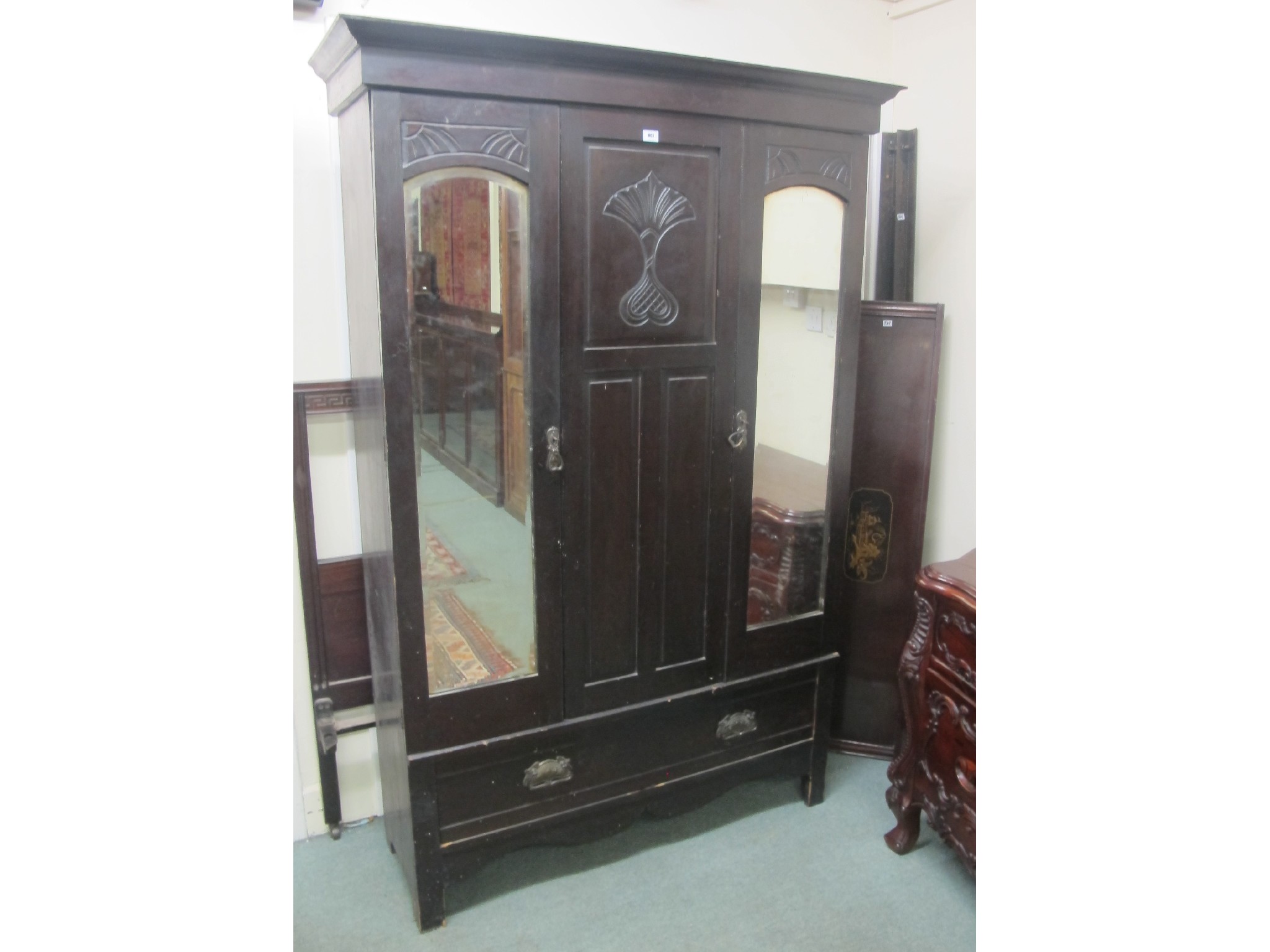 Appraisal: Late Victorian wardrobe with a pair of Japanned bed ends