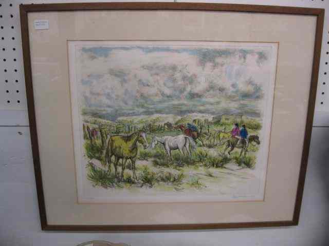 Appraisal: Ira Moskowitz Lithograph New Mexico Scene with wild horses rounded