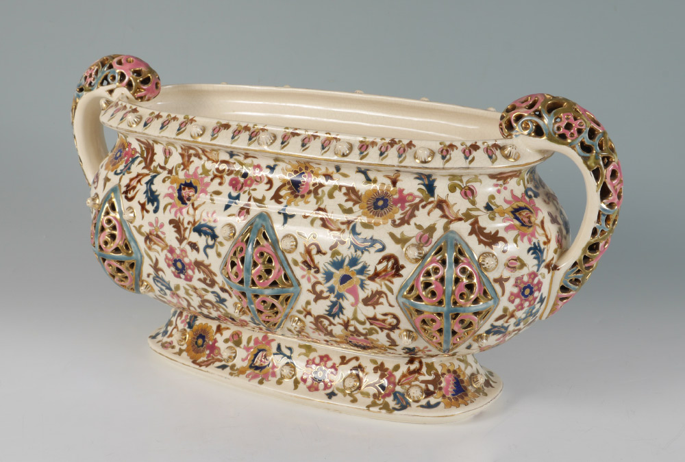 Appraisal: FISCHER BUDAPEST ZSOLNAY RETICULATED CONSOLE BOWL Pre- double reticulated pierced