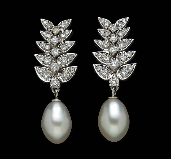 Appraisal: A pair of cultured pearl and diamond earrings suspending drop-shaped