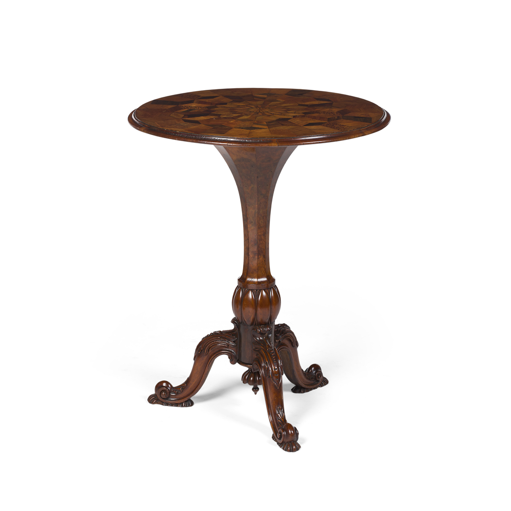 Appraisal: WILLIAM IV WALNUT AND SPECIMEN WOOD PARQUETRY TRIPOD TABLE MID