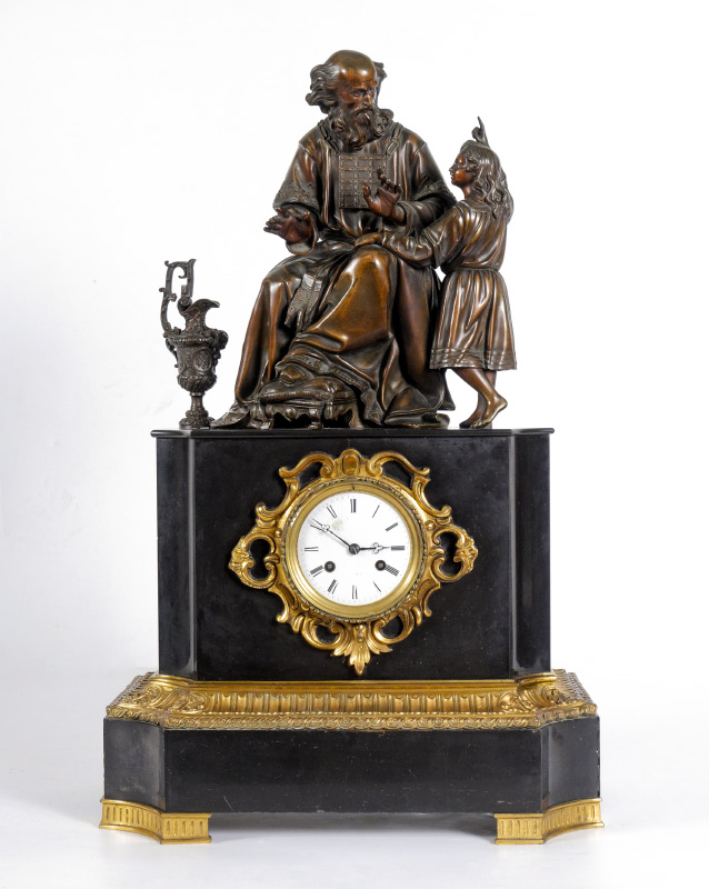 Appraisal: BROCOT FRENCH BRONZE AND MARBLE FIGURAL CLOCK Black marble case