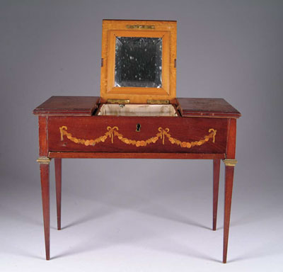 Appraisal: MARVELOUS INLAID MINIATURE VANITY Mahogany and tiger maple vanity on