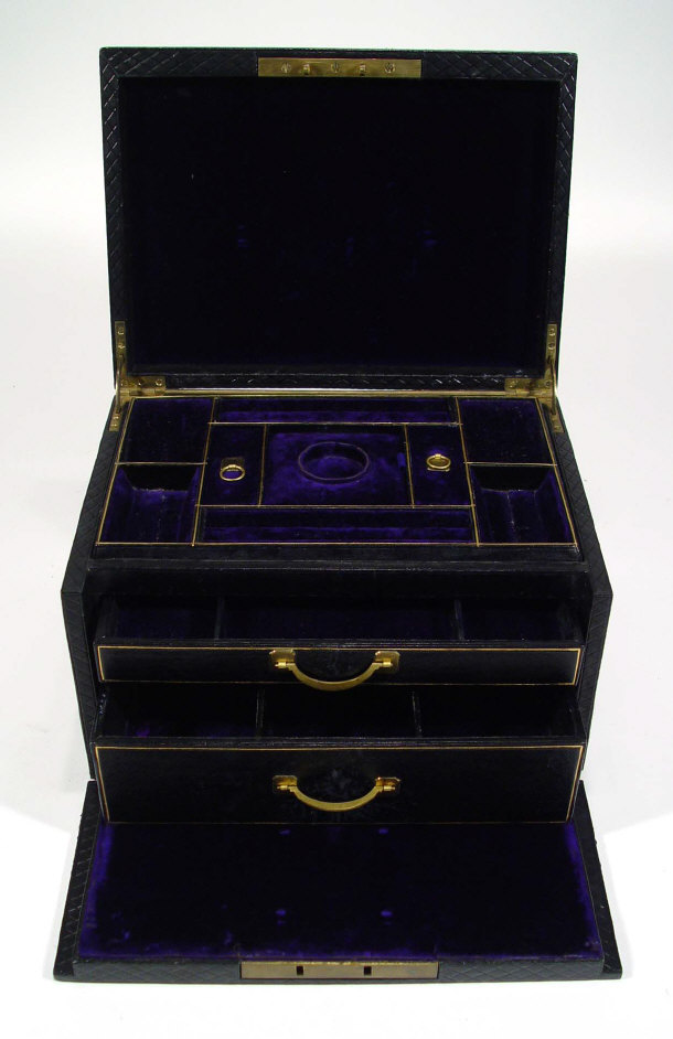 Appraisal: Victorian black leather jewellery box with velvet lined lift out