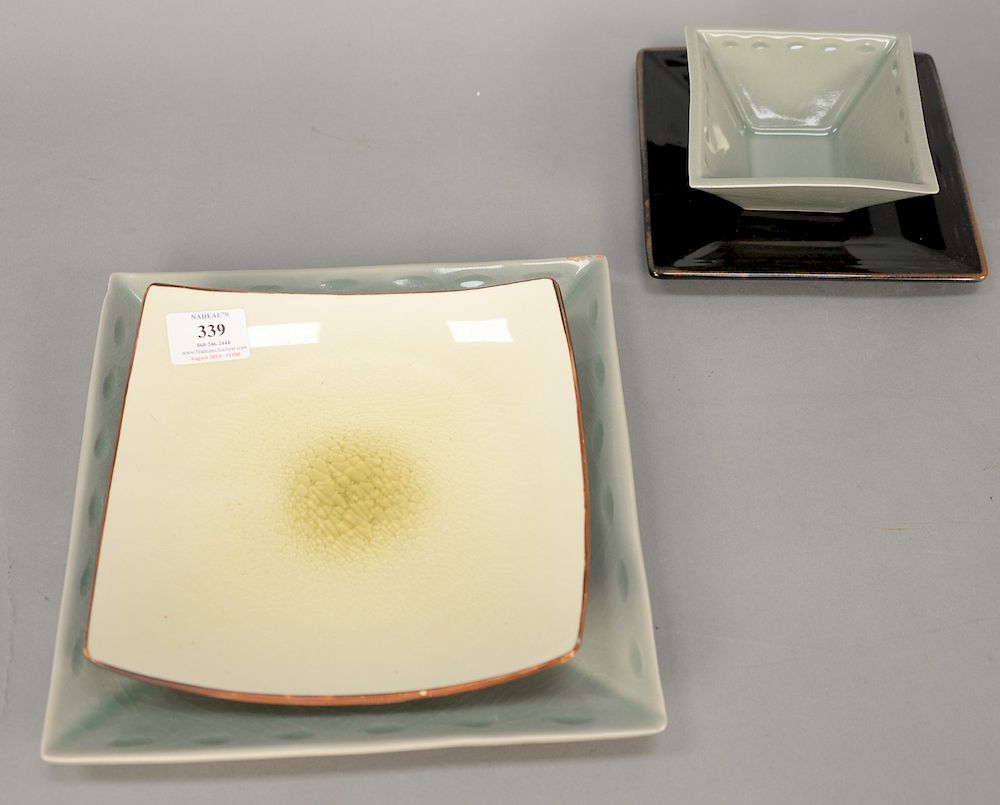 Appraisal: Celadon glaze set having six square plates matching round bowls