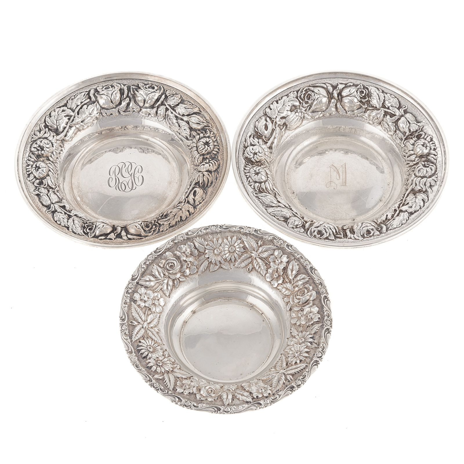 Appraisal: THREE BALTIMORE STERLING REPOUSSE DISHES Including a near pair by