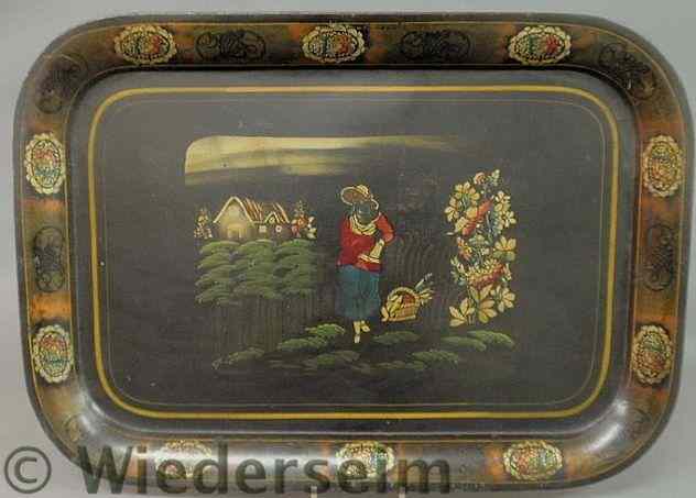 Appraisal: Large black Tole decorated tray late th c with a